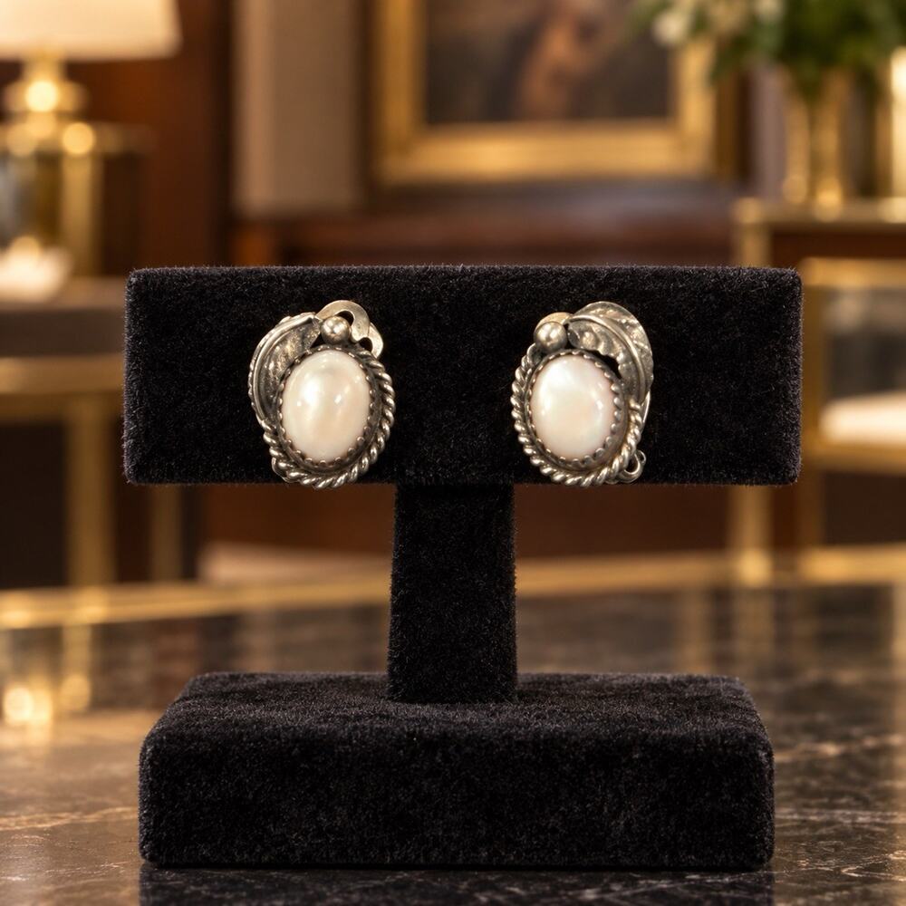 Signed Native American Navajo Sterling Silver MOP Clip Earrings Silver Feather
